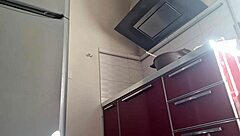 gostosa cozinhando in the kitchen, teasing with natural tits and pussy fetish.