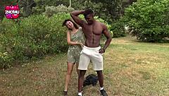 Young hairy teen gets demolished by huge cock outdoors in lingerie.