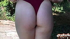 Redhead penny pax enjoys outdoor play with her dildo toy