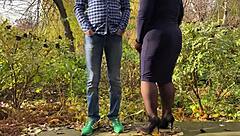 Watch mother-in-law peeing outdoors in stockings