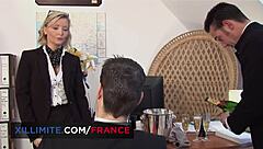 a mature cougar in stockings has threesome at office, getting doggystyle and anal