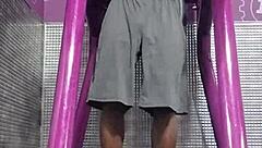 Skinny teacher works out with mature gym buddy