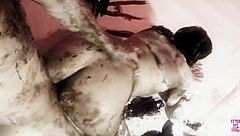 Naughty brunette fucks doggy style with her man?