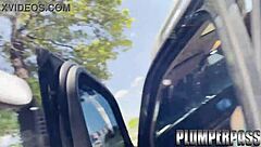 Does the huge tit Latina milf suck a stranger's dick in the car outside the laundry?