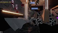 Roblox character riding a cowgirl in the game on full screen