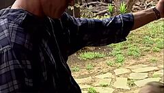 riley evans lounges outdoors on couch, totally bare for action