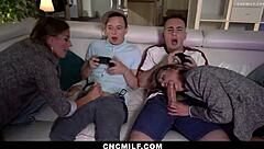 the twin stepmoms bend over for their stepsons, giving blowjobs and getting fucked hard in missionary.