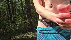 Wife gives quick handjob outdoor with pierced nipples