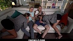 the twin stepmoms bend over for their stepsons, giving blowjobs and getting fucked hard in missionary.