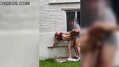 The skinny neighbor gets hot and I fuck her pussy standing up outdoors