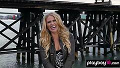 All natural amateur babe strips naked, revealing shaved pussy and big tits.