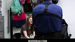 jane rogers caught at work, punished with blowjob by officer boston in garage.