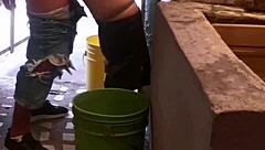 latina girlfriend gets ass fucked hard with anal creampie while washing clothes