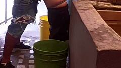 latina girlfriend gets ass fucked hard with anal creampie while washing clothes