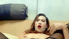 Ladyboy Mint masturbates for you and swallows her sperm