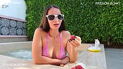 Girl Next Door Flashes Bikini In Public Pool Morning, Petite Body Teasing Neighbors With Outdoor Sexy Chill