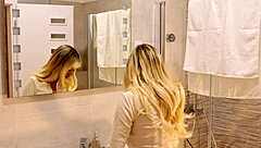 Hot shaved girl with big tits arrives for casting but gets porn shooting in bathroom