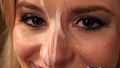 Foxy Stunner Swallows Jizz in Intense Bukkake Facial!