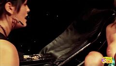 a blonde and a brunette with huge tits smoke cigarettes together