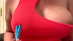Girl next door applies clothespins to pierced nipples, spits on big boobs