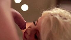 Blonde and brunette perform elegant blowjob, swallowing cumshot gracefully