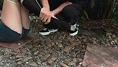 blonde teen beauty gets tangled up in park bondage