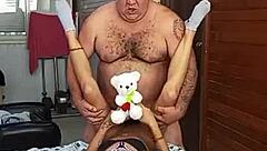 Young girl desires an old man for passionate encounter with muscular bodybuilder