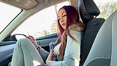 Artemisia Love smokes in car, revealing big tits and hard nipples slowly