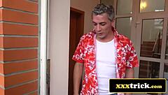 Brazilian Babe and French Fox Share Creepy Landlord's Dick