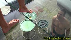 sexy blonde with small tits kisses and gives footjob before toes get spermed