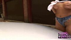 Big boob brunette babe in panties and thong cleans car then bathes in shower