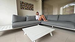 She masturbated in public wearing shorts, got wet, and begged a muscular guy to fuck her tight pussy