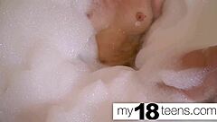 Cute teen 18+ babe feels intense orgasm in bath closeup