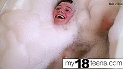 Cute teen 18+ babe feels intense orgasm in bath closeup