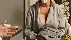 Mature blonde seduces with coffee and cunt in emotional encounter.