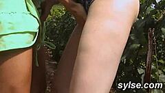 two milfs fuck virgin in outdoor vineyard trio