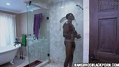 Naughty ebony stepdaughter spies on stepdad showering his huge dick and joins for sex!