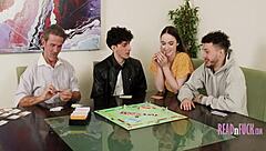 stepdad watches as his friends freeuse the teen girl in a group fuck.