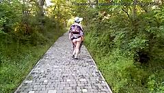 Hairy mature woman wears transparent dress in public