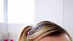 Petite 18+ blonde gives pov blowjob to monster cock and swallows huge load