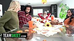 thanksgiving lunch turns into a hot foursome with three girls sharing one cock!