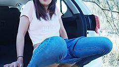 Asian girl Tina's urgent piss stop turns into cock sucking outdoors