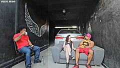 Brazilian slut dances close, notices hard cock, fucks in garage threesome