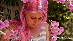 Pink-Haired Babe Zahra Toys Her Pussy Outdoors in HD.