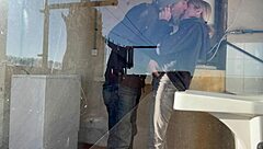 Hot wife and neighbor enjoy pussy eating in the laundry room