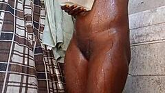 In the early morning, a skinny girl teases in bed solo