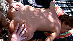 Beauty mom enjoys a ride in the forest setting