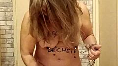 Slave f self-spanks with belt. Humiliation and bdsm.