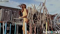 Petite Russian MILF STRIPS NAKED outdoors!