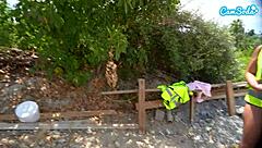 Blond with natural tits masturbates at construction site